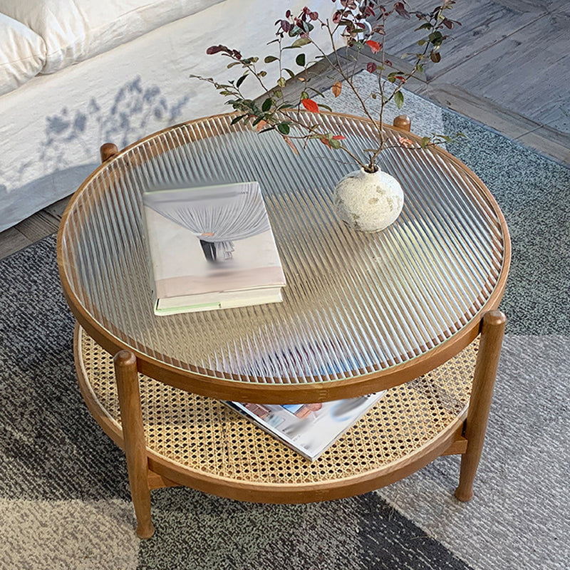 Tropical Coffee Table Glass Top Round Coffee Cocktail Table with Storage