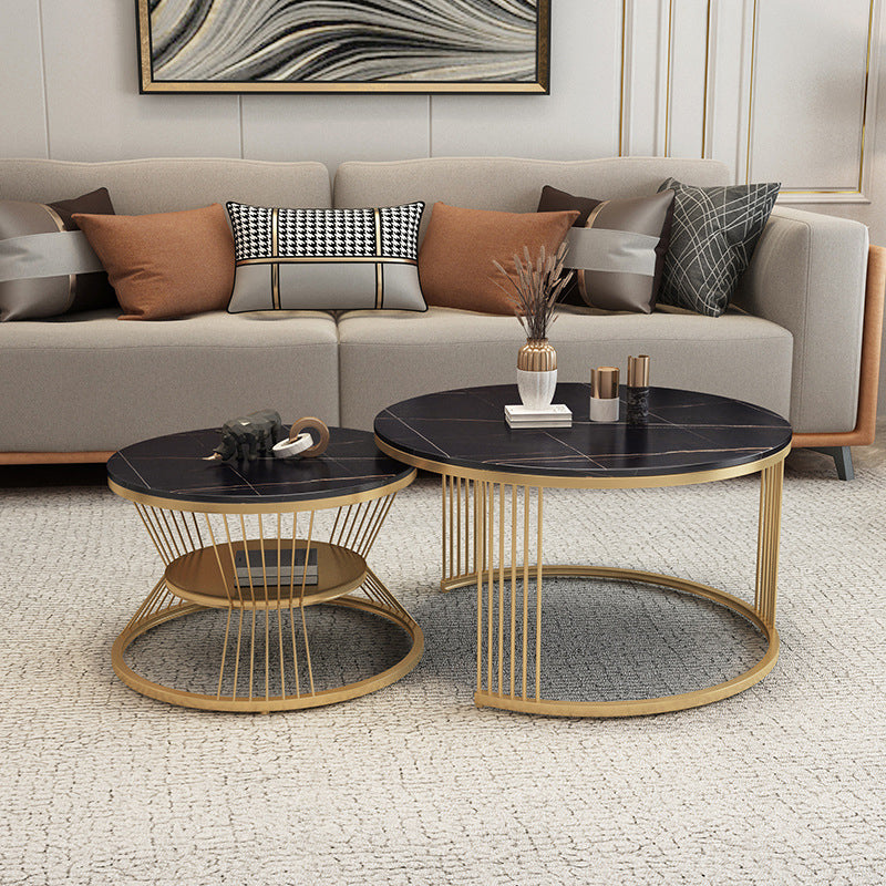 Round Slate Coffee Table Glam Nesting Coffee Table Set with Storage Shelf