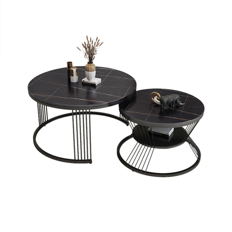 Round Slate Coffee Table Glam Nesting Coffee Table Set with Storage Shelf