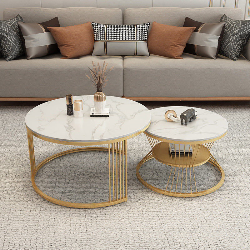 Round Slate Coffee Table Glam Nesting Coffee Table Set with Storage Shelf