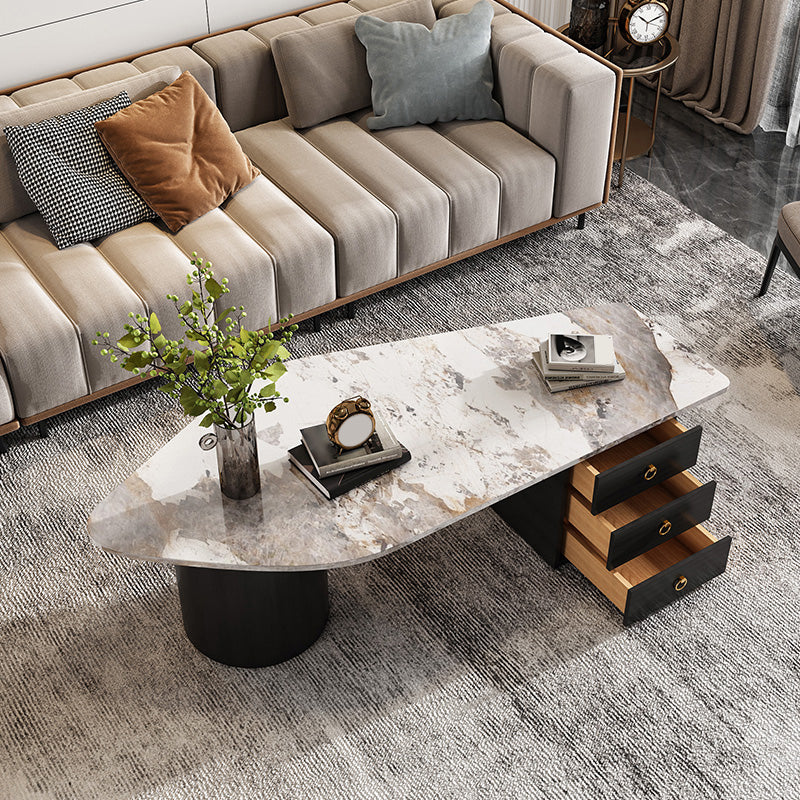 2 Legs Coffee Table Faux Marble Single Coffee Table with 3 Drawers