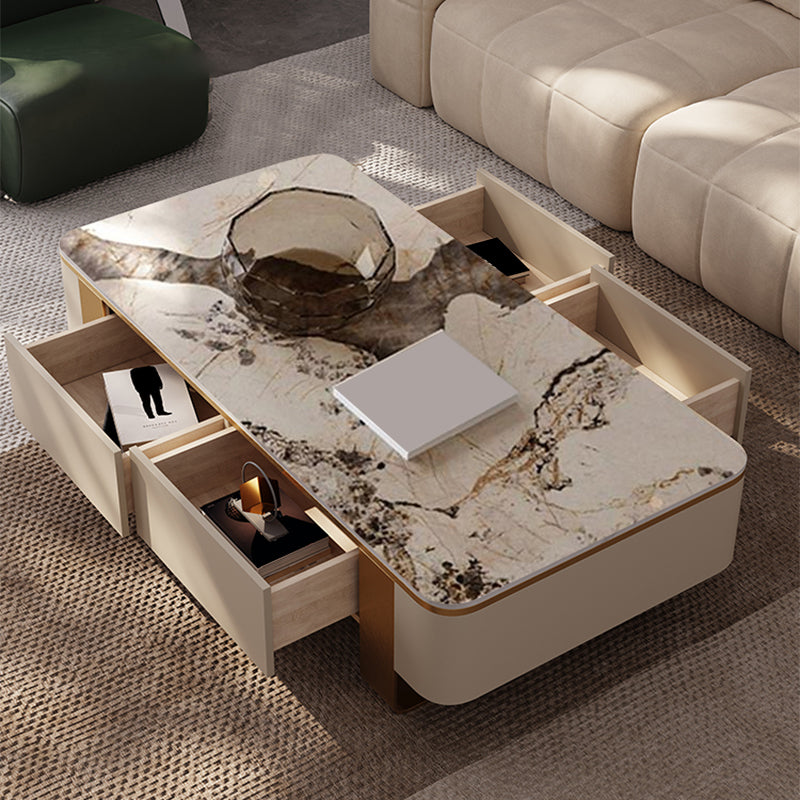 Rectangle Single Coffee Table 2Legs Slate Coffee Table with 4 Drawers