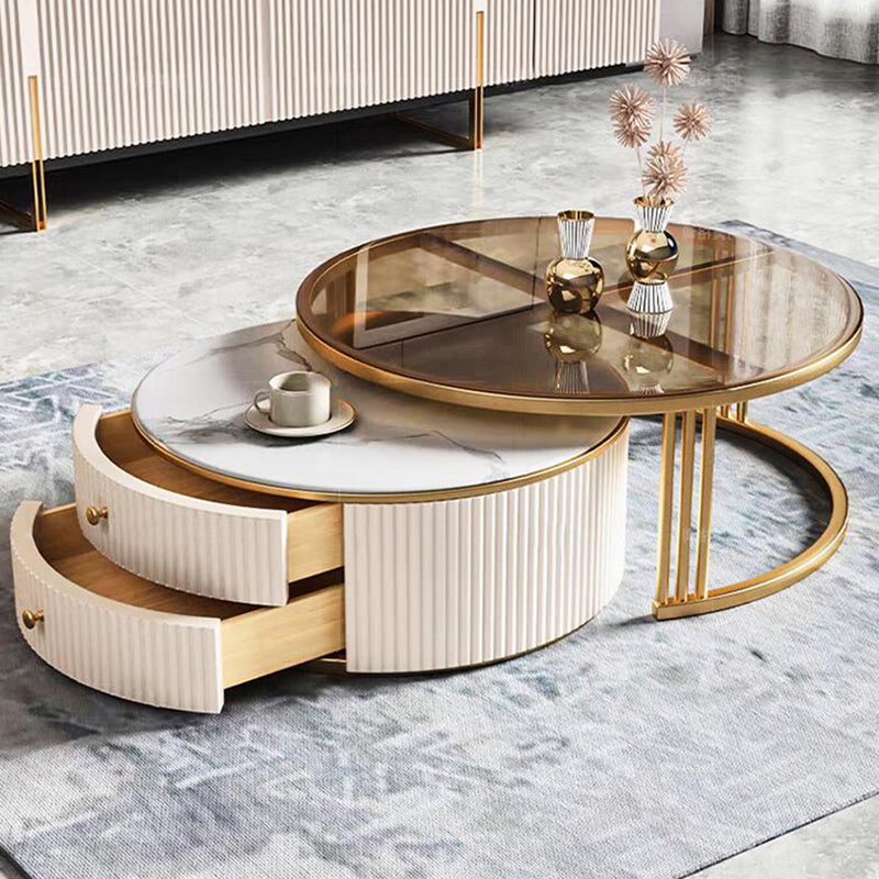 Glam Coffee Table Set Round 2-Piece Coffee Cocktail Table with Drawers