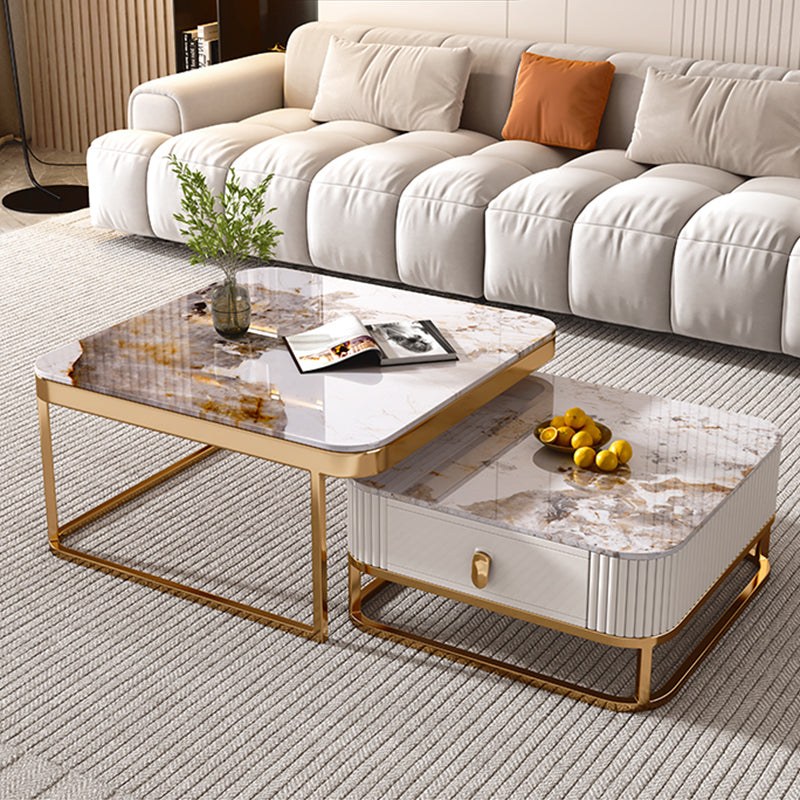 Glam Coffee Table Set Slate 2-Piece Coffee Cocktail Table with Drawer