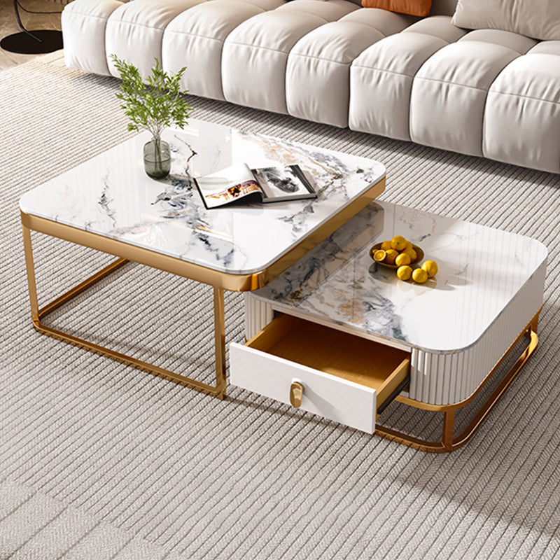 Glam Coffee Table Set Slate 2-Piece Coffee Cocktail Table with Drawer