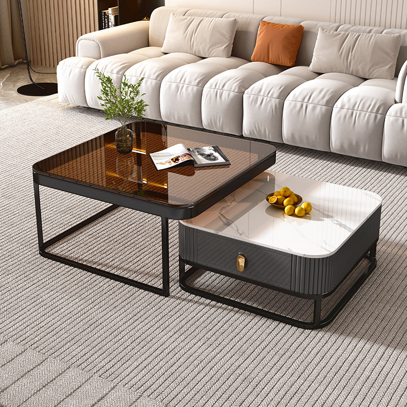 Glam Coffee Table Set Slate 2-Piece Coffee Cocktail Table with Drawer