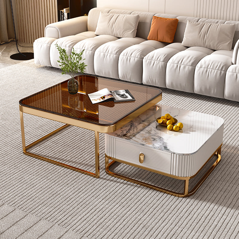 Glam Coffee Table Set Slate 2-Piece Coffee Cocktail Table with Drawer