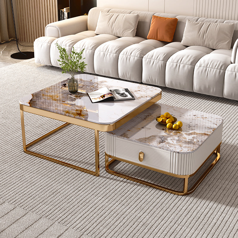Glam Coffee Table Set Slate 2-Piece Coffee Cocktail Table with Drawer