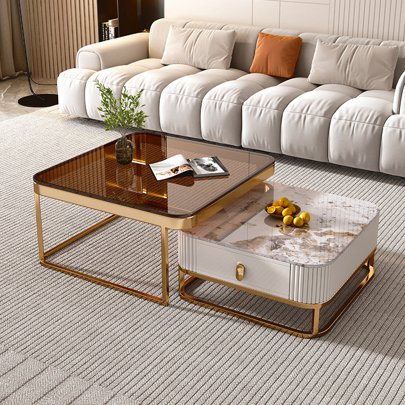 Glam Coffee Table Set Slate 2-Piece Coffee Cocktail Table with Drawer
