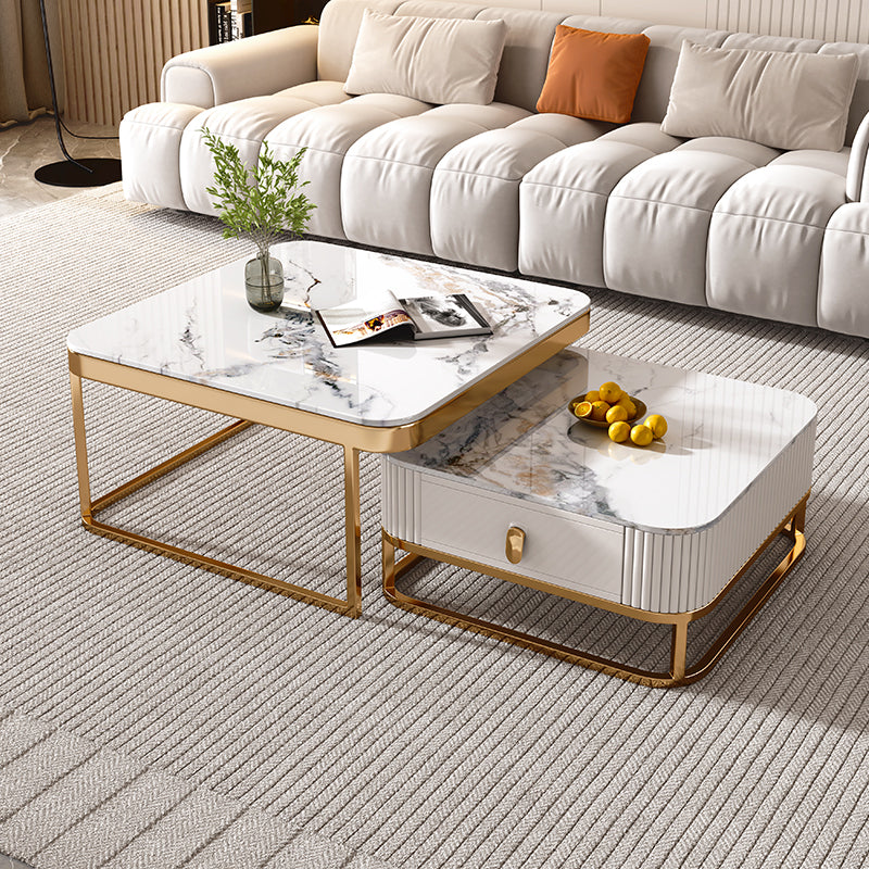 Glam Coffee Table Set Slate 2-Piece Coffee Cocktail Table with Drawer