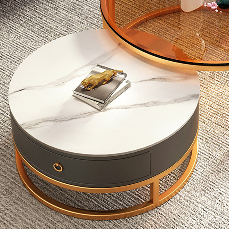 Round Nesting Coffee Table Set Frame Glass Coffee Table with Drawer
