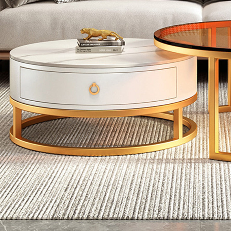 Round Nesting Coffee Table Set Frame Glass Coffee Table with Drawer