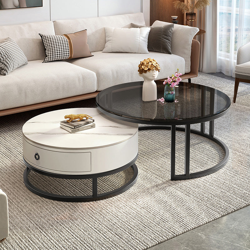 Round Nesting Coffee Table Set Frame Glass Coffee Table with Drawer