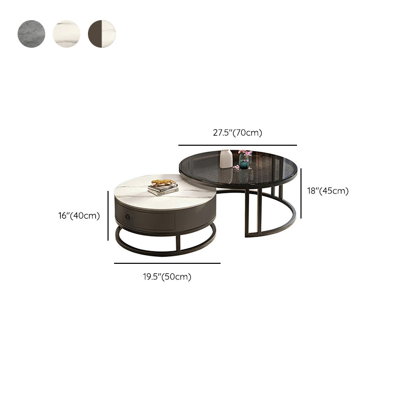Round Nesting Coffee Table Set Frame Glass Coffee Table with Drawer