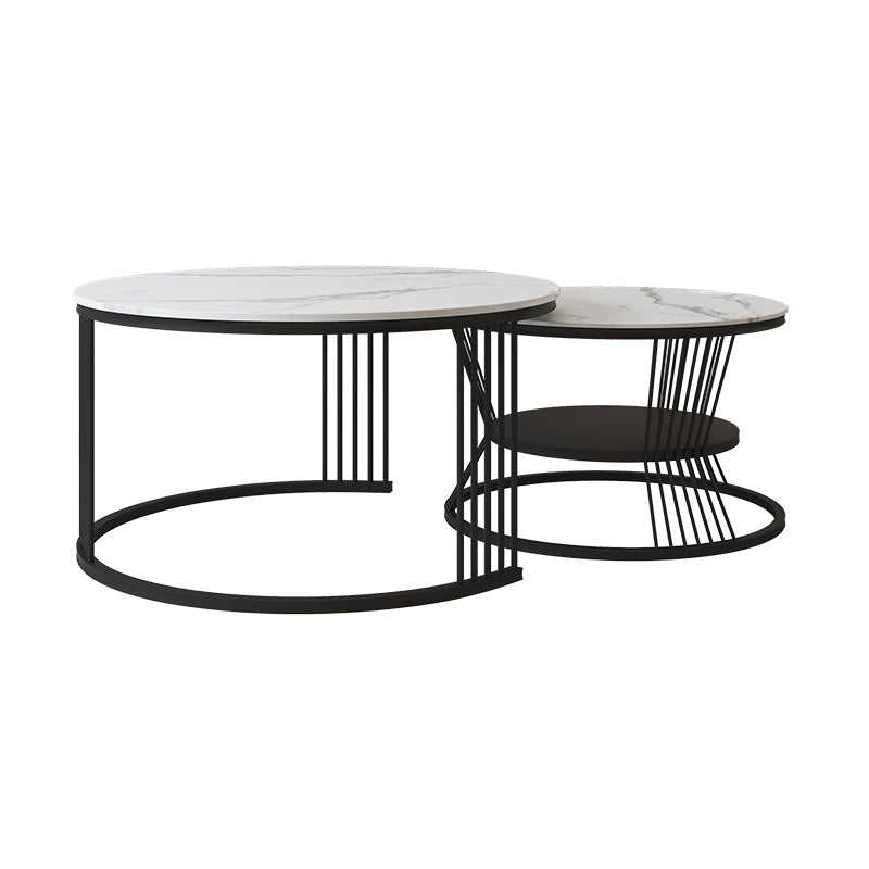 Contemporary Coffee Table Set Round White 2-Piece Coffee Cocktail Table
