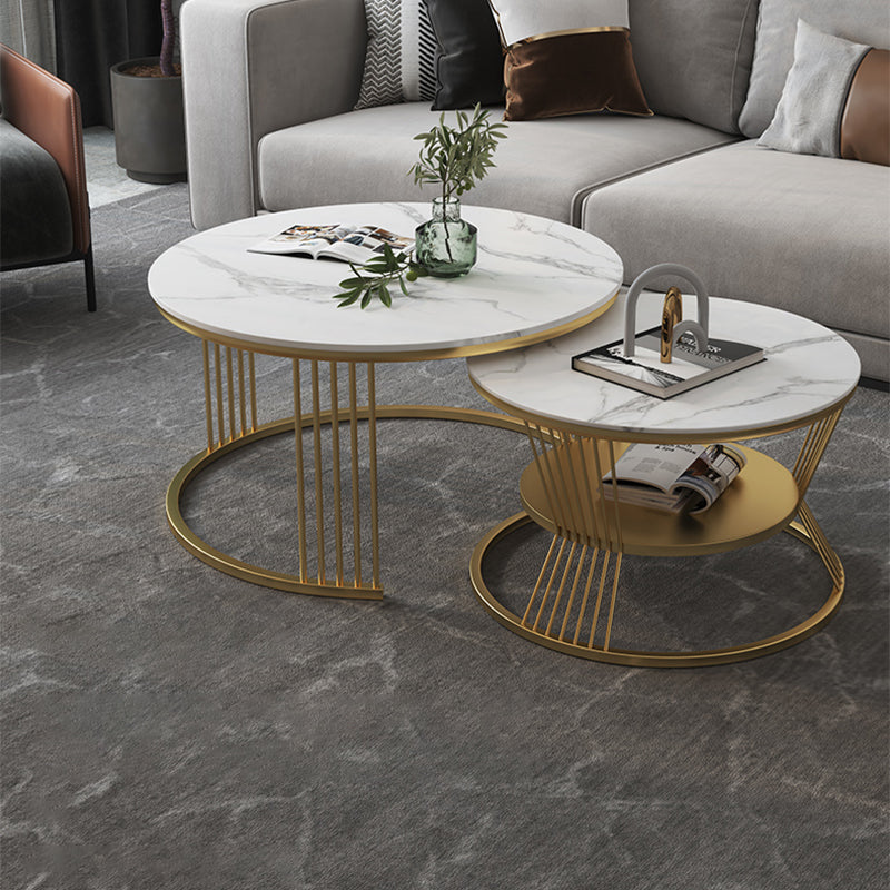 Contemporary Coffee Table Set Round White 2-Piece Coffee Cocktail Table
