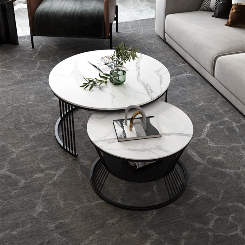 Contemporary Coffee Table Set Round White 2-Piece Coffee Cocktail Table