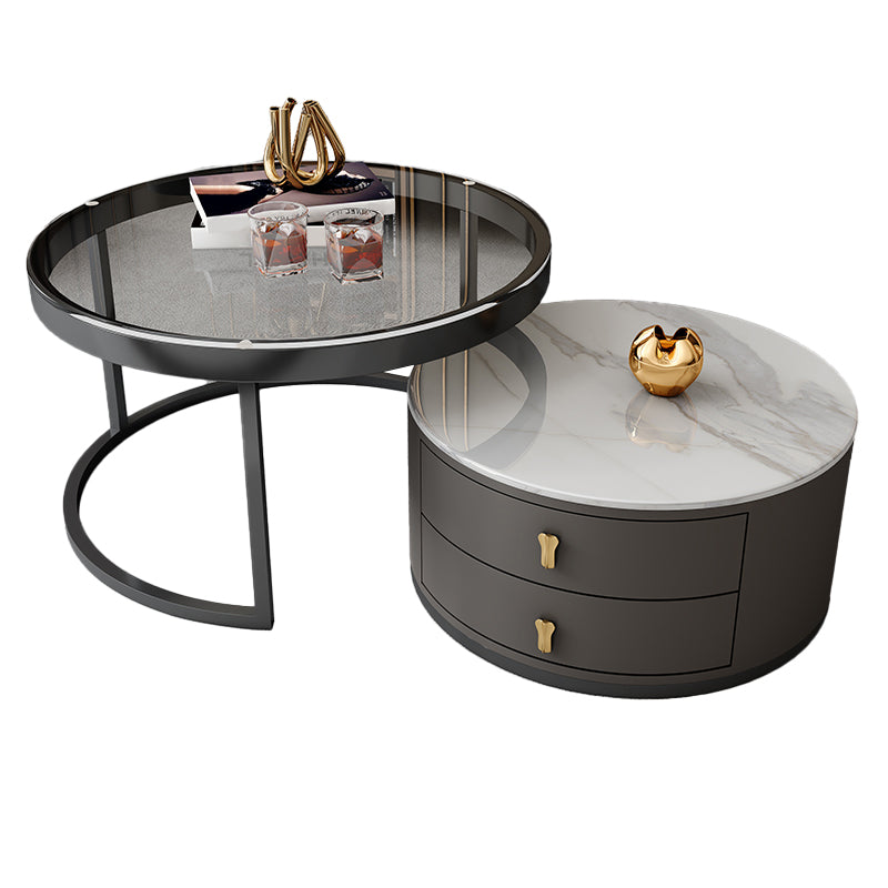 No Distressing Stone Coffee Table Frame Round Nesting Coffee Table Set with 2 Drawers