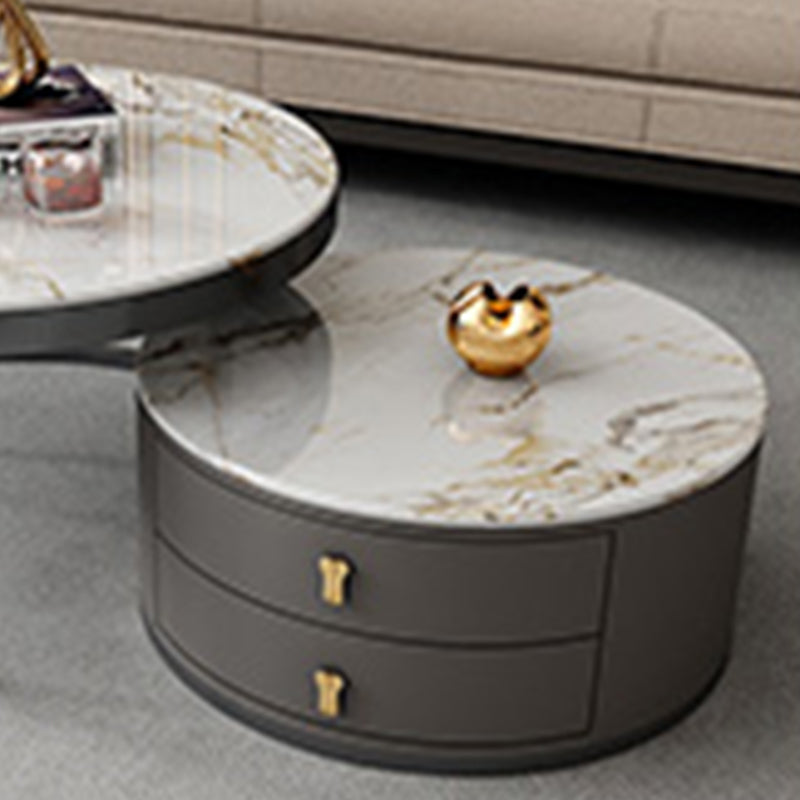 No Distressing Stone Coffee Table Frame Round Nesting Coffee Table Set with 2 Drawers