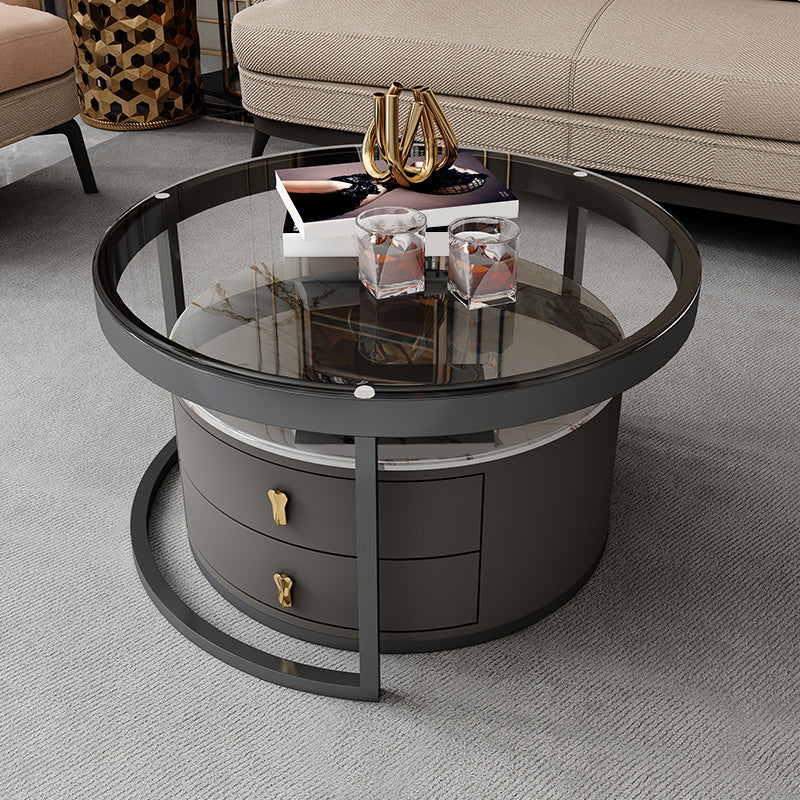 No Distressing Stone Coffee Table Frame Round Nesting Coffee Table Set with 2 Drawers