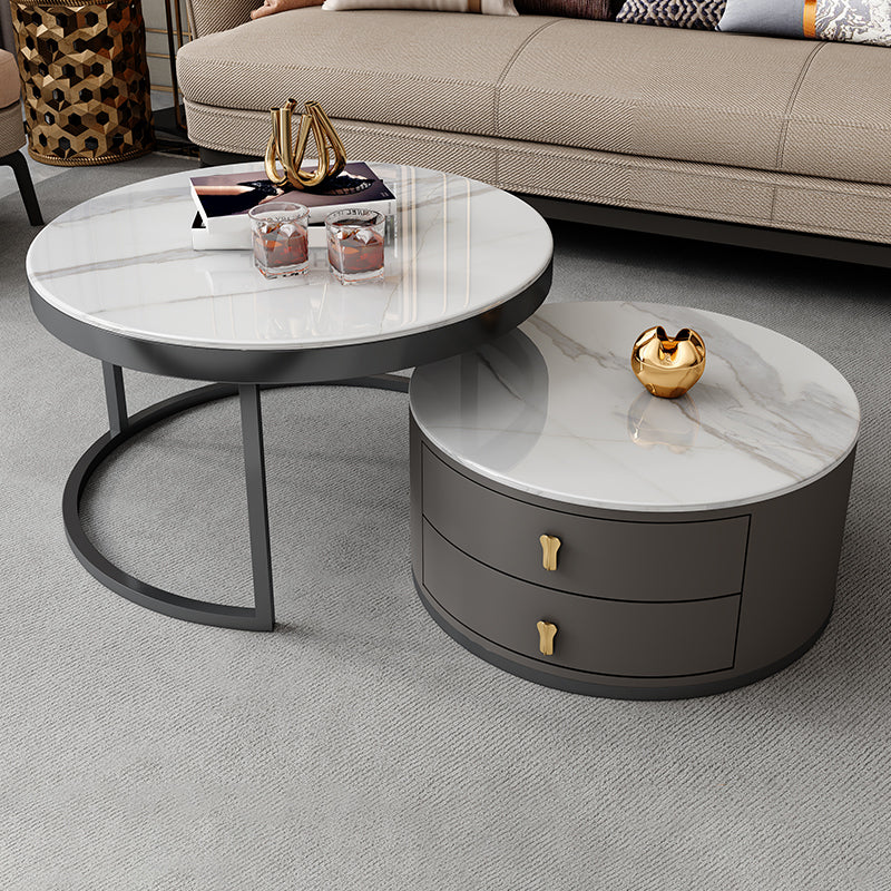 No Distressing Stone Coffee Table Frame Round Nesting Coffee Table Set with 2 Drawers