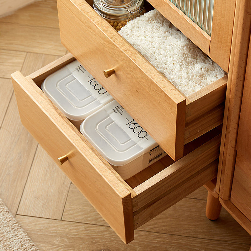 Contemporary Glass Doors Display Stand Beech Storage Cabinet for Living Room