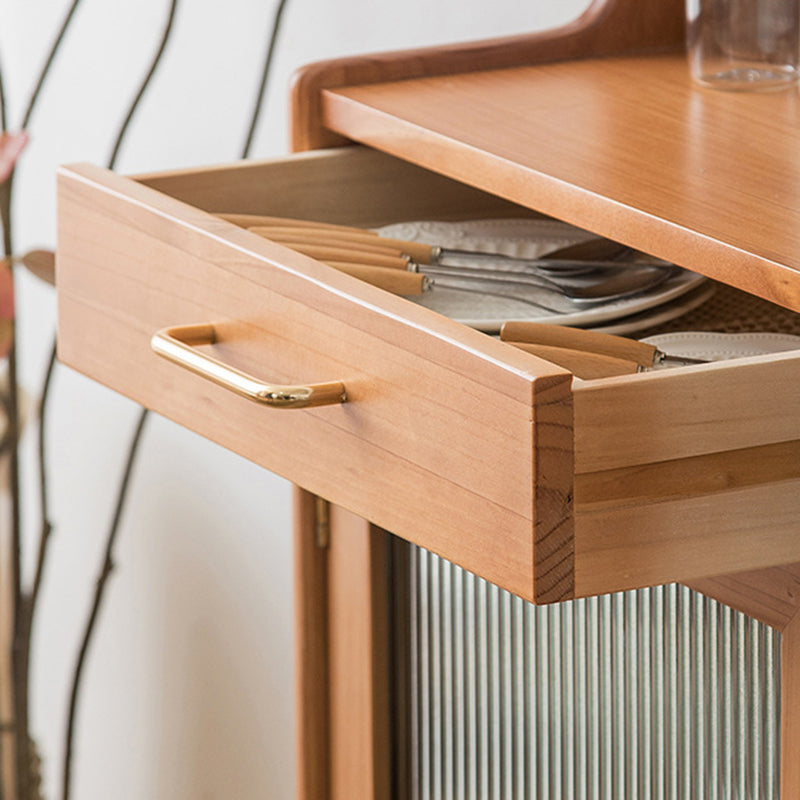 Contemporary Dining Hutch Pine Glass Doors Storage Cabinet for Living Room