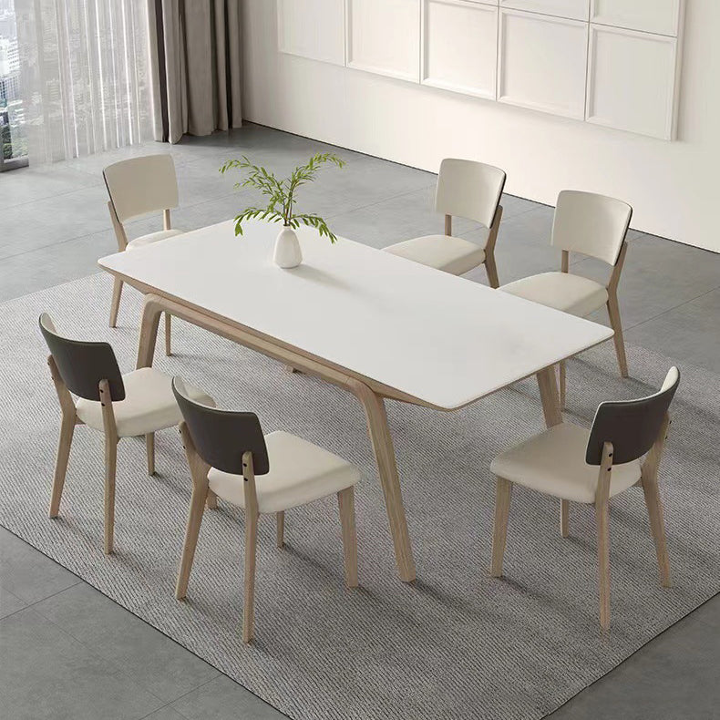 Stone Dining Table Set with Ash Wood Frame 1/4/5/7 Pcs Contemporary White Dining Set
