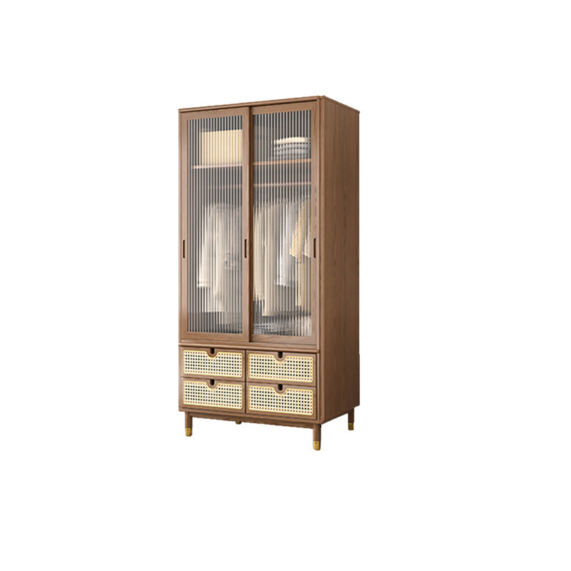 Contemporary Solid Wood Wardrobe Cabinet 2 Sliding Doors Sliding with Drawer