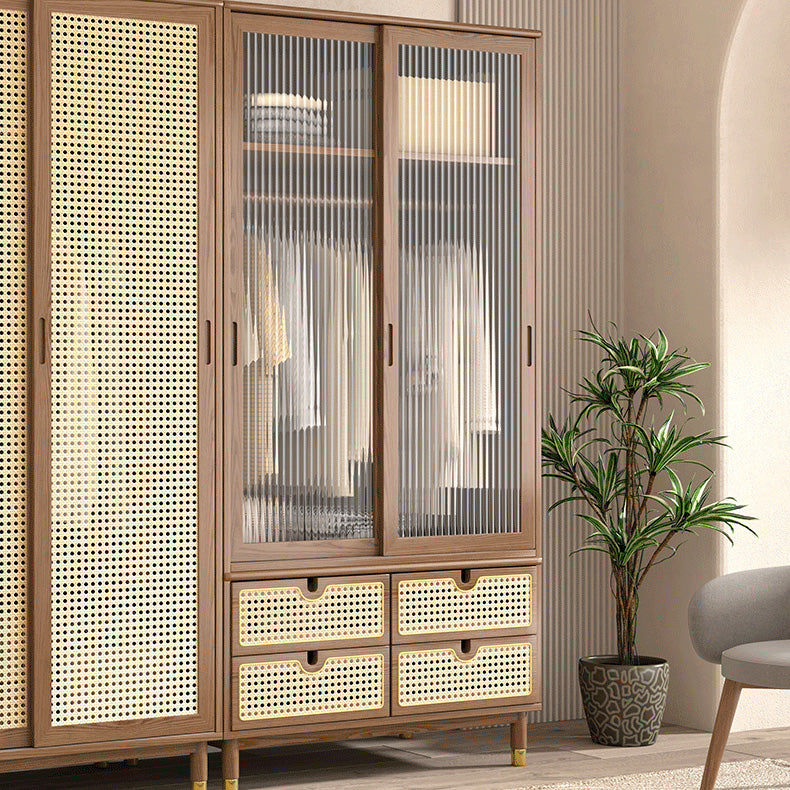Contemporary Solid Wood Wardrobe Cabinet 2 Sliding Doors Sliding with Drawer