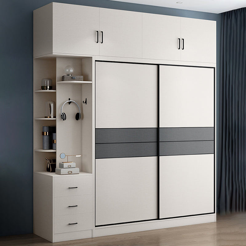 Sliding 2-Door Wood Wardrobe Cabinet Modern Freestanding Wardrobe Armoire with 2 Drawers