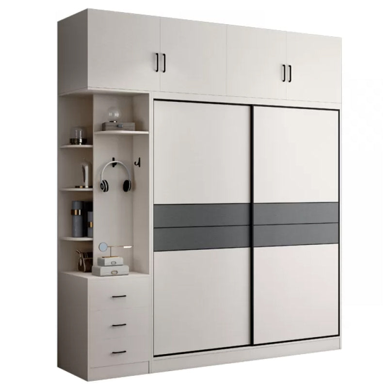 Sliding 2-Door Wood Wardrobe Cabinet Modern Freestanding Wardrobe Armoire with 2 Drawers