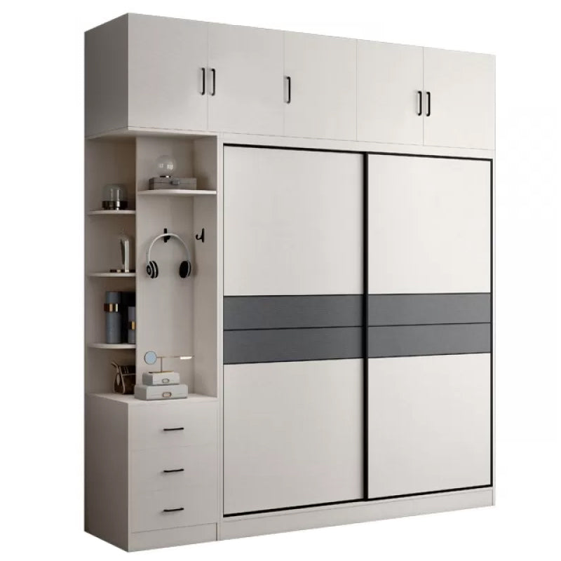 Sliding 2-Door Wood Wardrobe Cabinet Modern Freestanding Wardrobe Armoire with 2 Drawers