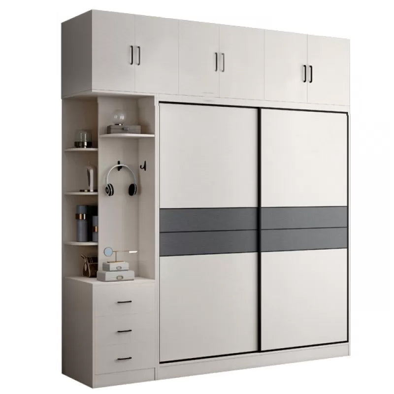 Sliding 2-Door Wood Wardrobe Cabinet Modern Freestanding Wardrobe Armoire with 2 Drawers