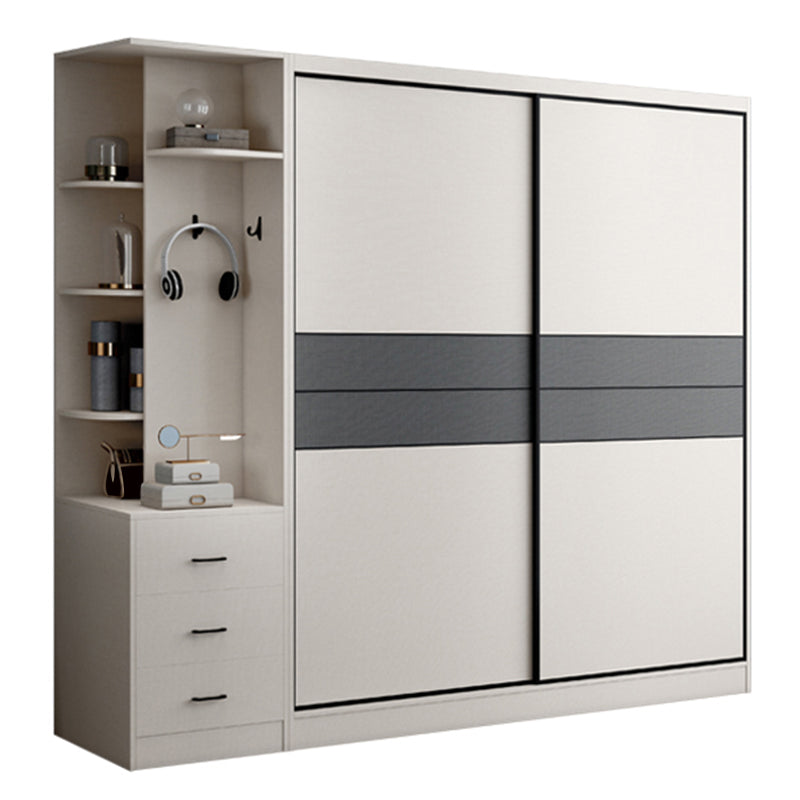 Sliding 2-Door Wood Wardrobe Cabinet Modern Freestanding Wardrobe Armoire with 2 Drawers