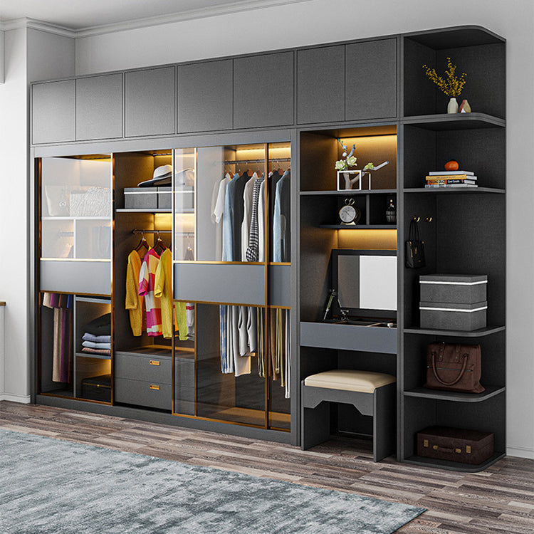 Modern Grey Storage Cabinet Mirrored Finish Cabinet with Glass Doors