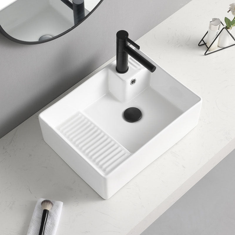 Classic Bathroom Sink Rectangular White Trough Sink with Pop-Up Drain