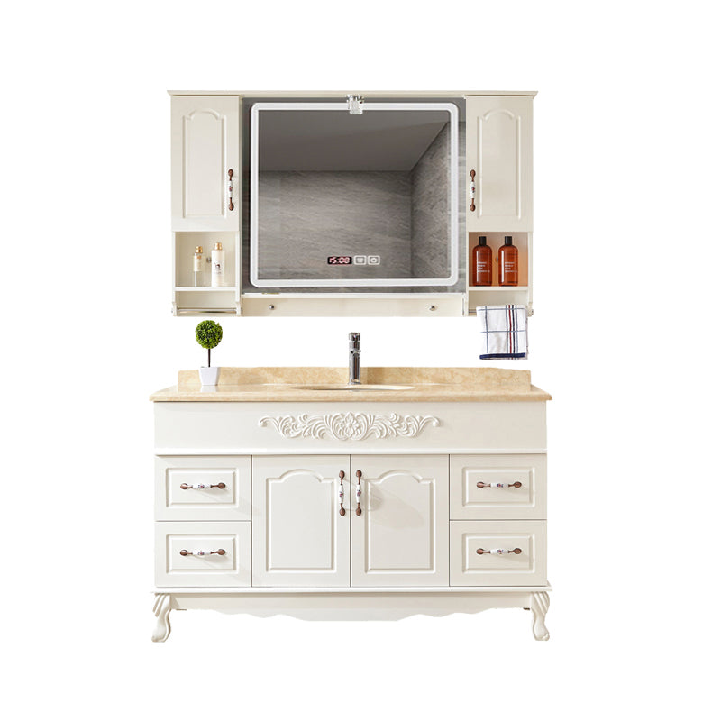 Wood Frame Bathroom Vanity White Freestanding Mirror Drawers Rectangle Vanity with 2 Doors