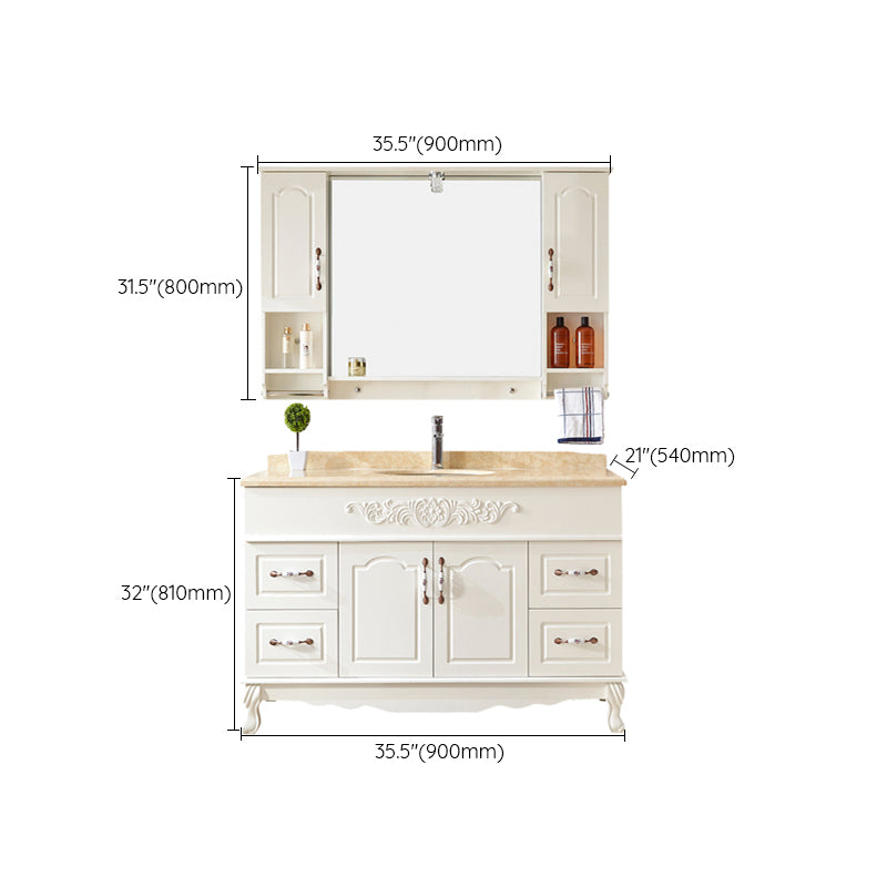 Wood Frame Bathroom Vanity White Freestanding Mirror Drawers Rectangle Vanity with 2 Doors