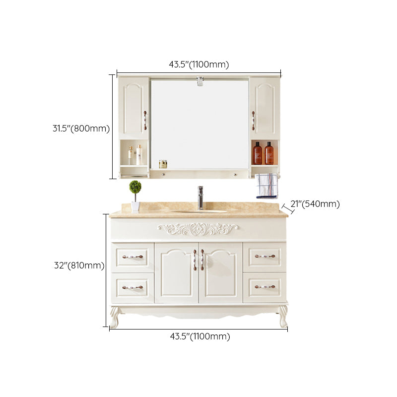 Wood Frame Bathroom Vanity White Freestanding Mirror Drawers Rectangle Vanity with 2 Doors
