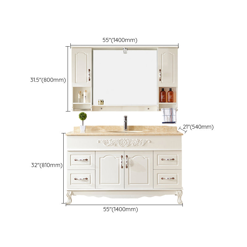 Wood Frame Bathroom Vanity White Freestanding Mirror Drawers Rectangle Vanity with 2 Doors
