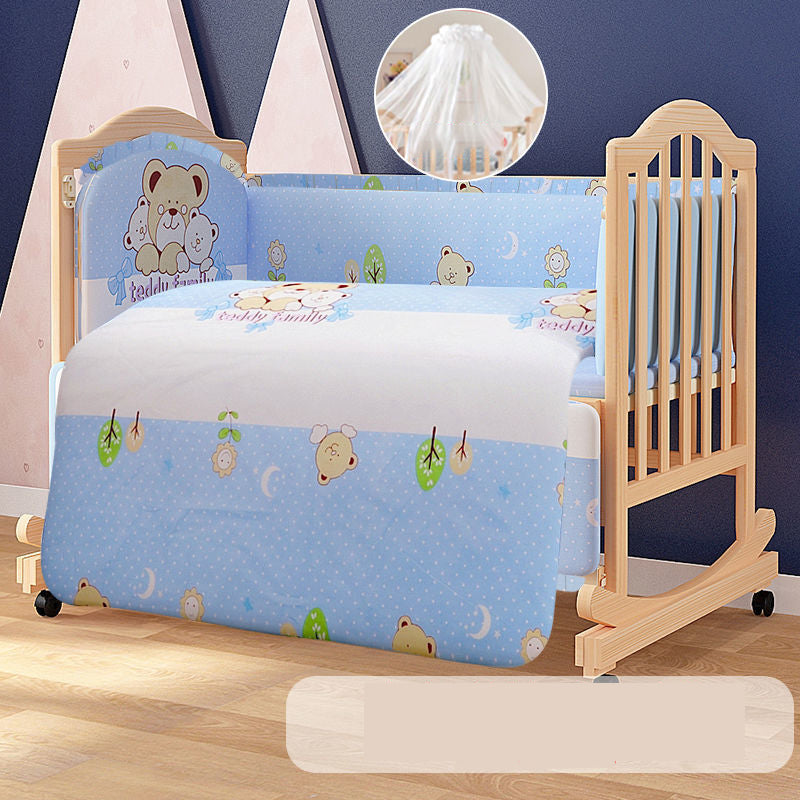 Solid Wood Baby Crib Convertible Nursery Bed with Casters and Guardrail