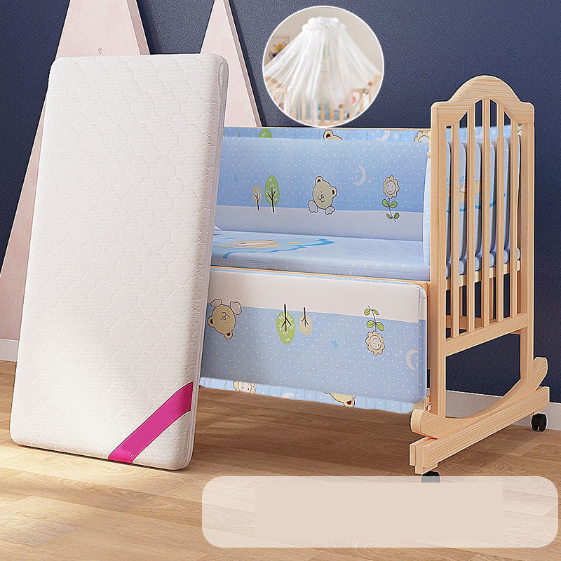 Solid Wood Baby Crib Convertible Nursery Bed with Casters and Guardrail