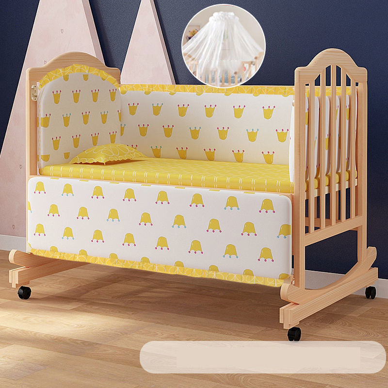 Solid Wood Baby Crib Convertible Nursery Bed with Casters and Guardrail