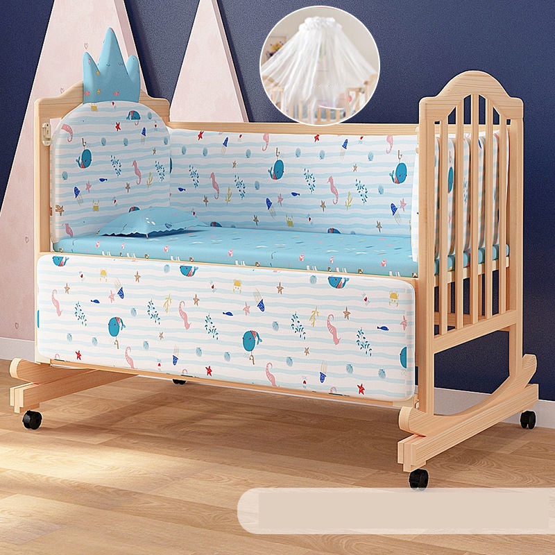 Solid Wood Baby Crib Convertible Nursery Bed with Casters and Guardrail