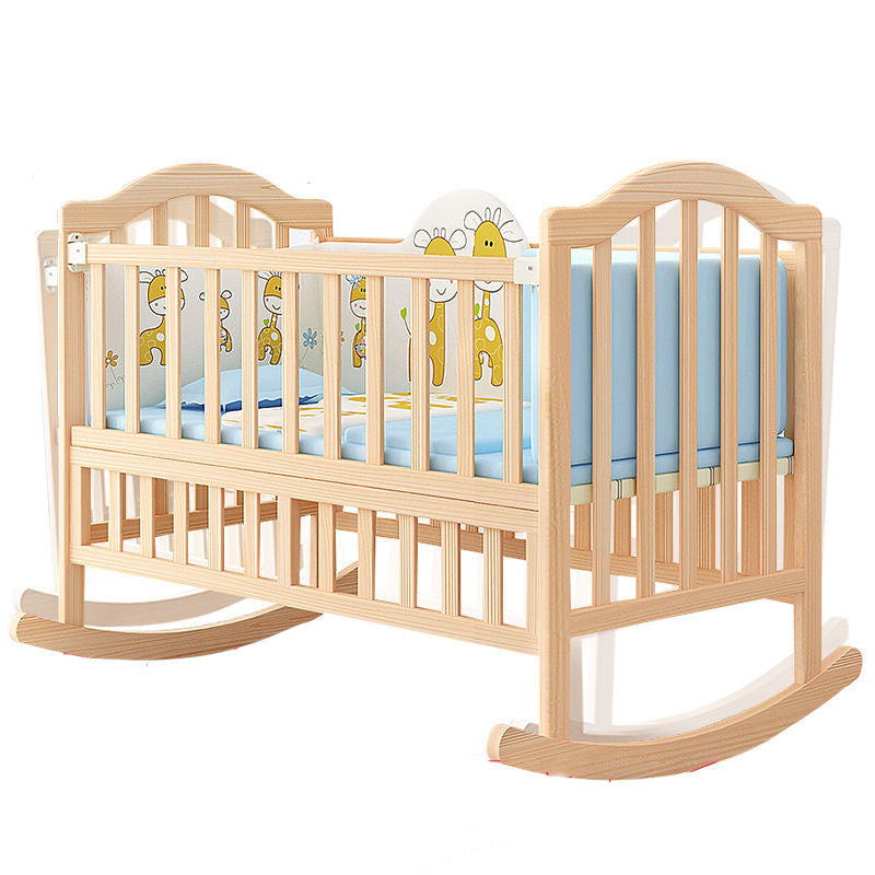 Solid Wood Baby Crib Convertible Nursery Bed with Casters and Guardrail