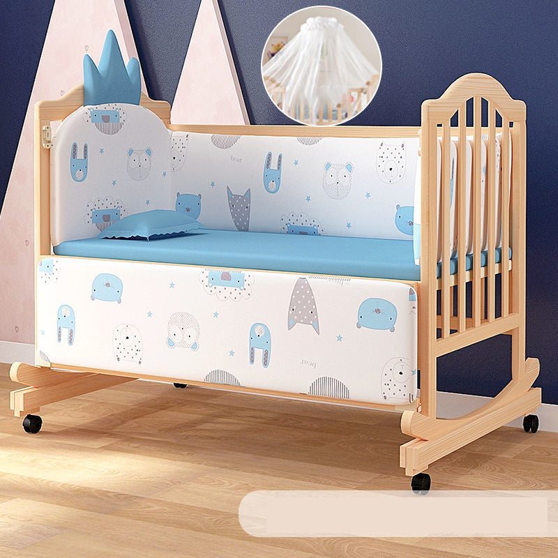 Solid Wood Baby Crib Convertible Nursery Bed with Casters and Guardrail