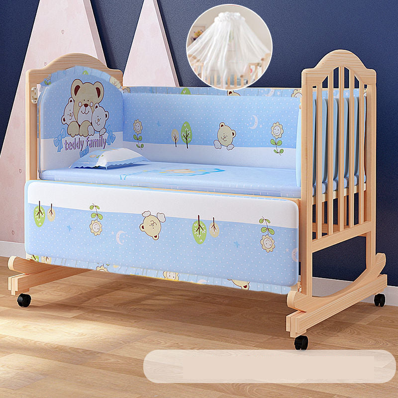 Solid Wood Baby Crib Convertible Nursery Bed with Casters and Guardrail