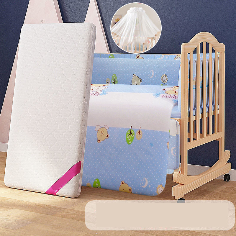 Solid Wood Baby Crib Convertible Nursery Bed with Casters and Guardrail