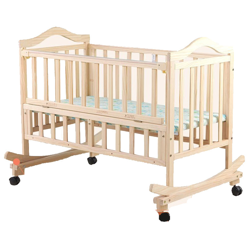 Solid Wood Baby Crib Convertible Nursery Bed with Casters and Guardrail